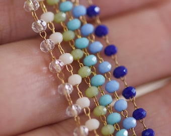 Crystal Glass Rondelle Bead Chain 3mm Thin, Unplated Raw Brass Beaded Chains, Multi Colors (#LK-039)/ 1 Meter=3.3ft