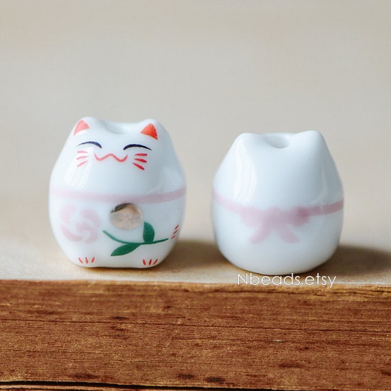 10 Beads Porcelain Lucky Cat Beads 15mm, Ceramic Maneki Neko, Drilled With  Hole, White Red/ Pink Kawaii Cattc-148 