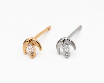10pcs  Gold/ Silver Tone Moon and Marquise CZ Earrings, Real Gold/ Rhodium Plated Brass Minimalist Stud Earrings (#GB-3041-B)