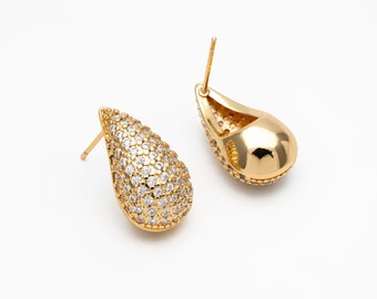 4pcs CZ Pave Teardrop Earrings, 18K Gold Plated Brass, Water Drop Stud Earrings (GB-4245)