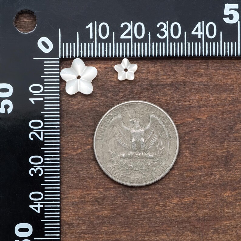 10 Stück weiße Perlmuttperlen geschnitzte 3D Blumen 6 / 10 mm, mittig gebohrte Muschelperlen (BK-002-A) Bild 2