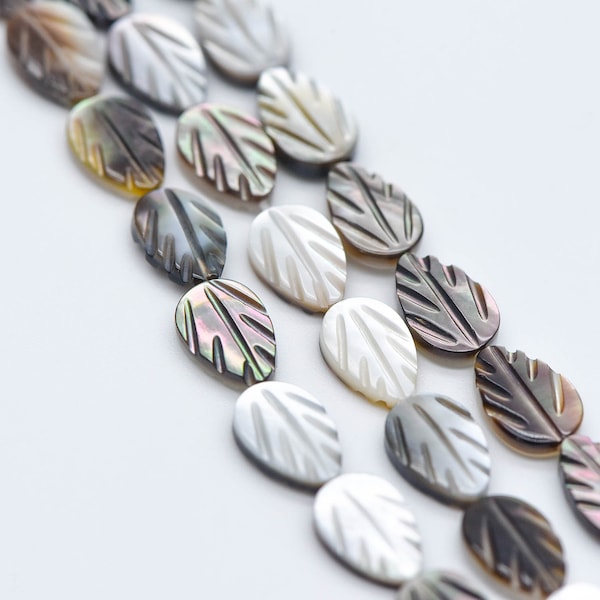 Black MOP Shell Leaf beads, Natural Mother of Pearl Carved Leaf, 9mm / 12mm -(V1005)/ Full strand