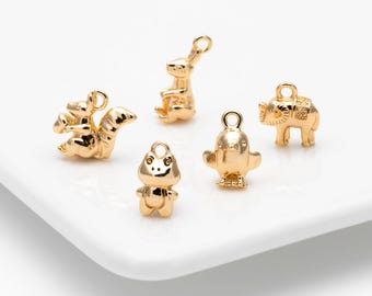 10pcs Gold Cute Animal Charms, Real Gold plated Brass Necklace Pendant, Earring Charm (GB-2835)