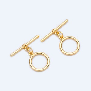 10 sets Gold Toggle Clasp, Real Gold plated Brass, Easy Close Clasp 14mm Smooth Round (#GB-1543-1)