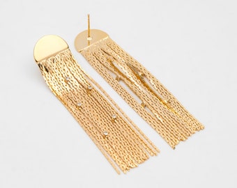 4pcs Gold Semi Circle Disc Tassel Ear Posts 63mm, 18K Gold
