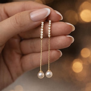 4pcs CZ Pave Gold/ Silver Chain Stud Earring With Glass Pearl (#GB-2983)