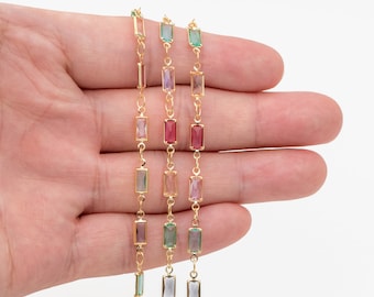 Gold Plated Beaded Chain: Mix Rainbow Color Crystal Rectangle Link (1 Meter=3.3 feet) (LK-609)