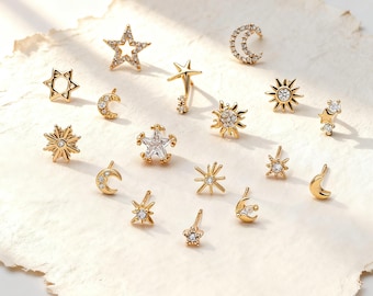 10pcs Minimalist Gold Stud Earring - Sun, Moon, Star Styles (#GB-3041)