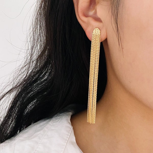 4pcs Chain Tassel Earrings, Long Tassel Stud Earring, Gold Dangling Earrings, Minimalist Earrings (GB-2889)