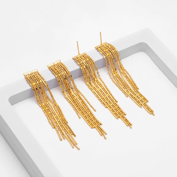 4pcs Chain Tassel Earrings, Long Tassel Stud Earring, Gold