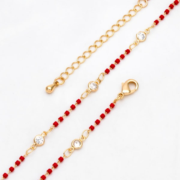 Adjustable Miyuki Bracelet 6-8 inch, Red Miyuki Seed Bead Chain Necklace 16-18 inch, 18K Gold plated Brass, Ready to Wear  (#LK-437-3)
