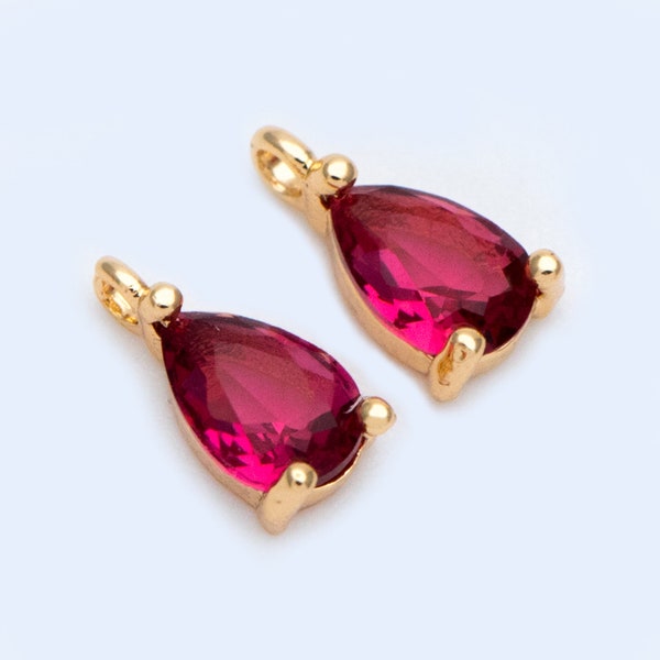 10pcs CZ Pave Teardrop Charms 8x4mm, 18K Gold Plated Brass, Mini Water Drop Pendants, Pinkish Red (GB-812-2)