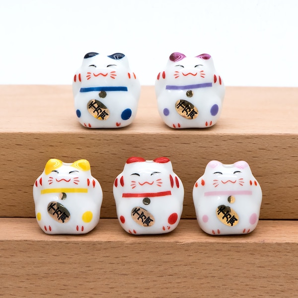 10 beads- Lucky Cat beads 17mm, Handmade Ceramic Maneki Neko, Kawaii Animal Beads, Chinese Character "More Golds" (TC-158)