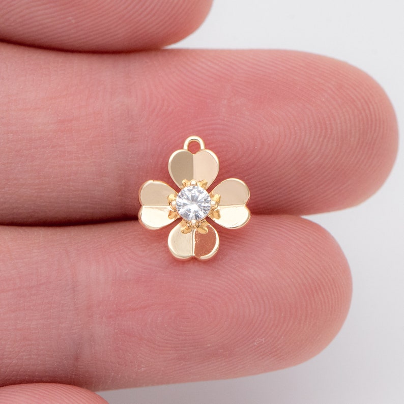 10pcs Micro Pave CZ Flower Charms GB-878 Mini Quatrefoil Charms 10mm Gold plated Brass Floral Pendants
