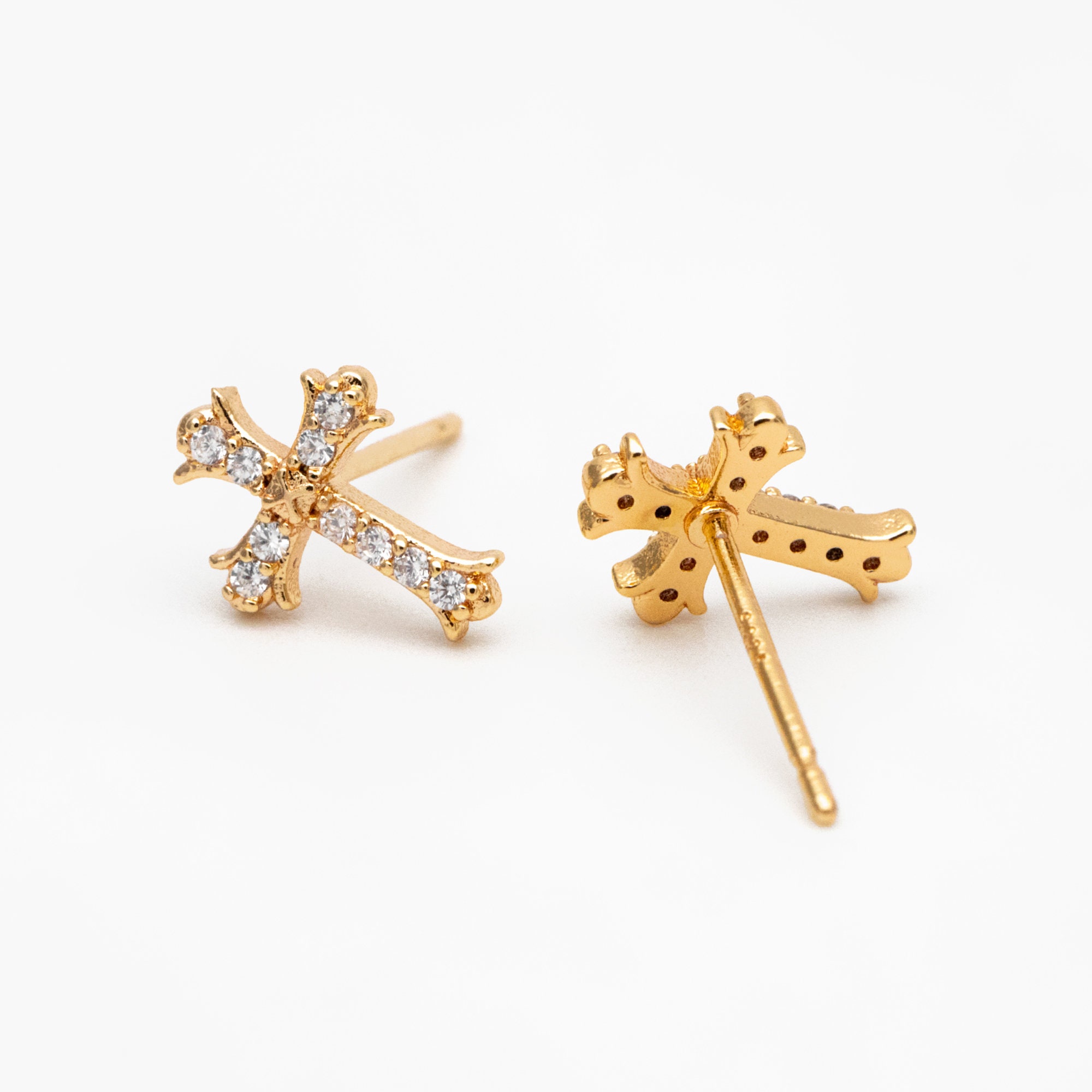 期間限定セール Gold Pave CZ 4pcs Cross Brass Plated Gold 10x8mm, Earrings ラウンド用品・アクセサリー