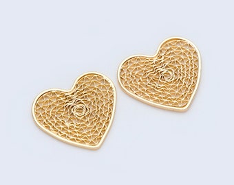 10pcs Filigree Gold Heart Pendants 19x21mm, 18K Gold plated Brass, Hollow Heart Charms (GB-985)