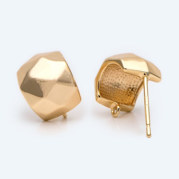 10pcs Gold Faceted Ear Post With Loop, Gold Plated Brass