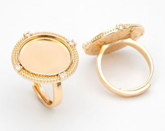 4pcs CZ Pave Gold Blank Base Tray Cabochon Ring Setting, Gold plated Brass Bezel Cabochon Adjustable Ring (#JZ-050)