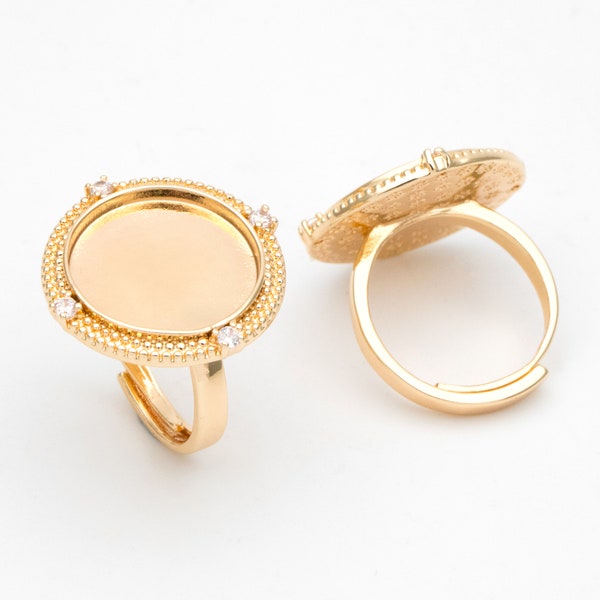 4pcs CZ Pave Gold Blank Base Tray Cabochon Ring Setting, Gold plated Brass Bezel Cabochon Adjustable Ring (#GB-3415)