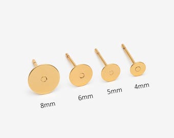 20 postes planos para pendientes, chapados en oro real de 18 quilates, latón, componentes para pendientes de botón, almohadilla plana de 4/5/6/8 mm (GB-2264)