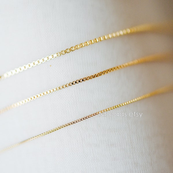 Gold plated Brass Box Chains, 0.7/ 0.8/ 0.9/ 1mm Thin, Color Not Easily Tarnish (#LK-166)/ 1 Meter=3.3 ft