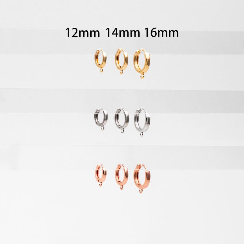May include: Three sets of hoop earring findings in gold, silver, and rose gold. Each set includes three sizes: 12mm, 14mm, and 16mm.