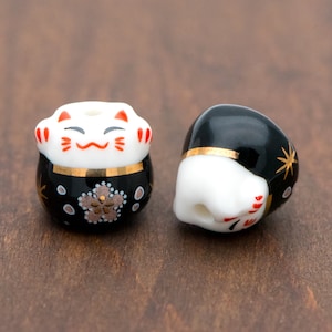 10 beads- Porcelain Lucky Cat beads 13mm, Handmade Ceramic Maneki Neko, Drilled Through Kawaii Cats (TC-156)