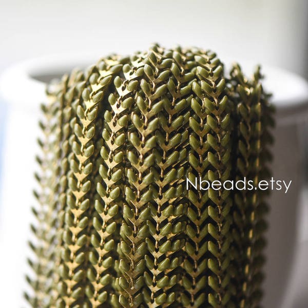 Enamel Brass Arrow Chain 6mm, Flat Chevron Chain, Herringbone Fish bone Designer Chain, Olive Green Olivine (#LK-048-3)/ 1 Meter=3.3ft