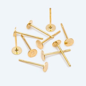 20pcs Gold Flat Ear Posts, 18K Real Gold plated Brass, Stud Earring Findings, 4/ 5/ 6/ 8mm Flat Pad (GB-2264)