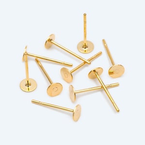 20pcs Gold Flat Ear Posts, 18K Real Gold plated Brass, Stud Earring Findings, 4/ 5/ 6/ 8mm Flat Pad (GB-2264)