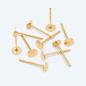 20pcs Gold Flat Ear Posts, 18K Real Gold plated Brass, Stud Earring Findings, 4/ 5/ 6/ 8mm Flat Pad (GB-2264)