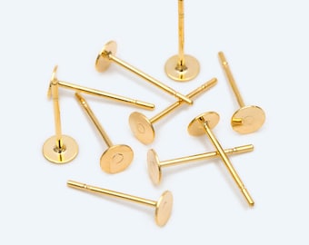 20pcs Gold Flat Ear Posts, 18K Real Gold plated Brass, Stud Earring Findings, 4/ 5/ 6/ 8mm Flat Pad (GB-2264)