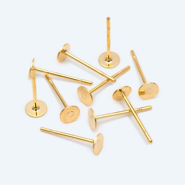 20pcs Gold Flat Ear Posts, 18K Real Gold plated Brass, Stud Earring Findings, 4/ 5/ 6/ 8mm Flat Pad (GB-2264)