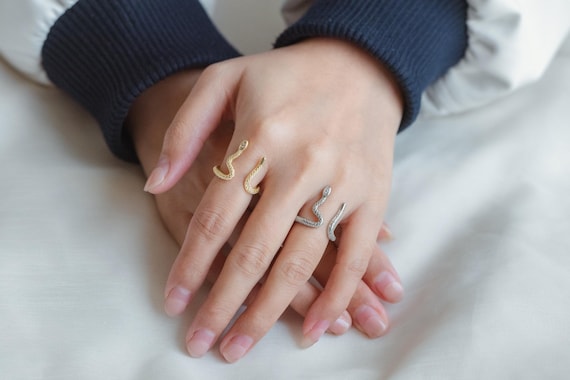 4pcs CZ Pave Gold/ Silver Tone Snake Ring, Open Serpent Ring, Reptile Adjustable Band Ring, Punk Animal Jewelry, Fashion Jewelry (#JZ-023-A)