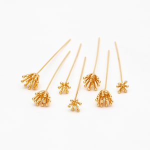 10pcs Gold Flower Head Pins 6mm/ 8mm, Gold plated Brass Headpins (GB-4035)