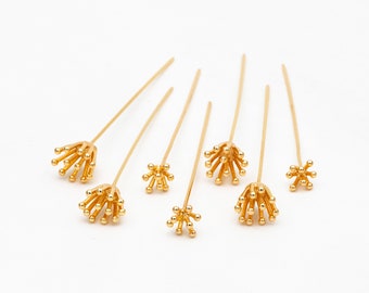 10pcs Gold Flower Head Pins 6mm/ 8mm, Gold plated Brass Headpins (GB-4035)