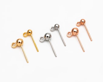 20pcs Gold/ Silver/ Rose Gold Earring Posts, Stud Earring with Loop, 3mm/ 4mm Ball Size (GB-443)