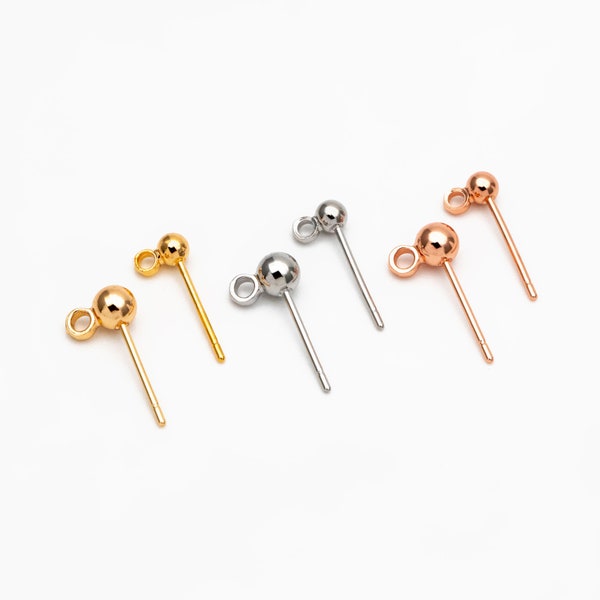 20pcs Gold/ Silver/ Rose Gold Earring Posts, Stud Earring with Loop, 3mm/ 4mm Ball Size (GB-443)