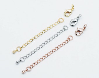 10pcs Lobster Claw Clasps with Extender Chain 70mm, Gold/ Rhodium/ Rose Gold plated Brass, Extension Chain with Jump Rings (GB-100)