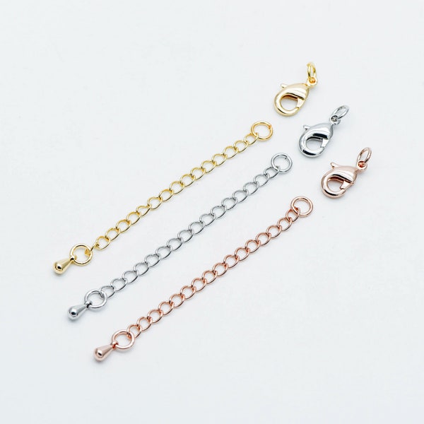10pcs Lobster Claw Clasps with Extender Chain 70mm, Gold/ Rhodium/ Rose Gold plated Brass, Extension Chain with Jump Rings (GB-100)