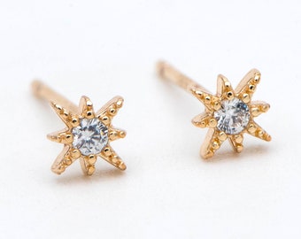 10pcs CZ Paved North Star Ear Posts, 5.5mm, Real Gold Plated Brass Star Stud Earrings (#GB-2951)