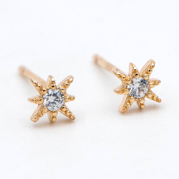 10pcs CZ Paved North Star Ear Posts, 5.5mm, Real Gold Plated Brass Star Stud Earrings (#GB-2951)