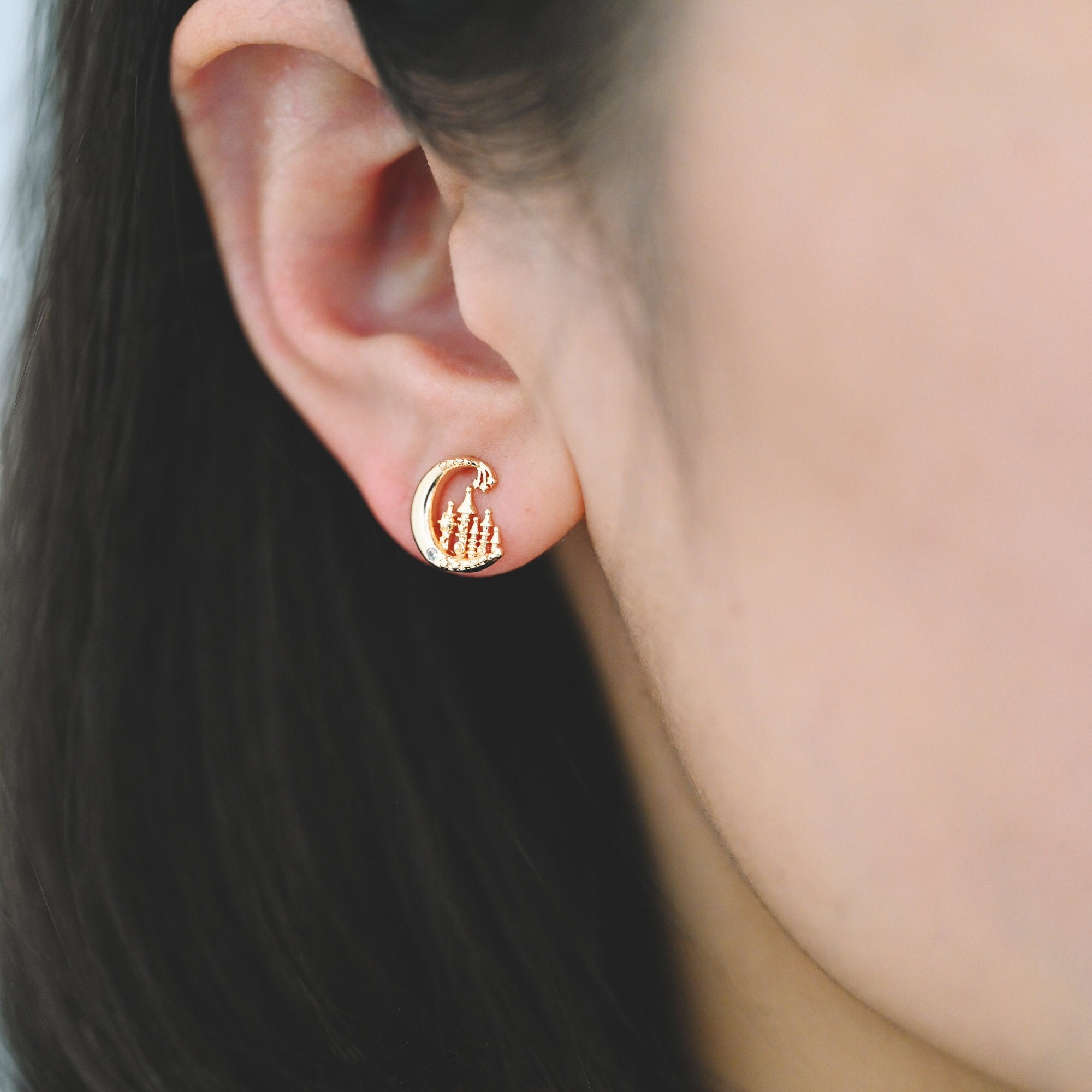 10pcs CZ Pave Gold Moon Castle Earrings 10mm, Real Gold