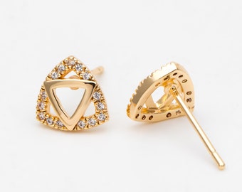 4pcs CZ Pave Triangle Earrings 8mm, 18K Gold Plated Brass, Triangle Stud Earrings (#GB-3434)