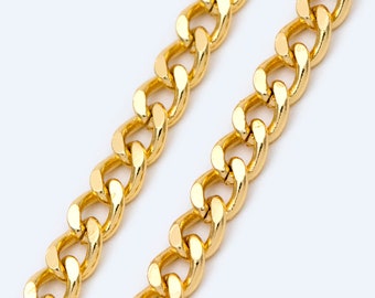 Gold Flat Curb Chain 4mm, 18K Gold Plated Brass, Strong Curb Chain (#LK-429-1)/ 1 Meter=3.3 ft