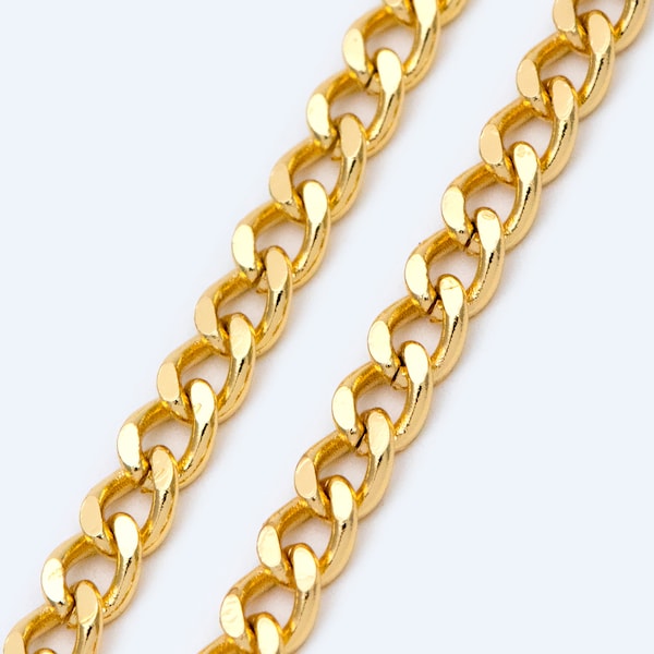 Gold Flat Curb Chain 4mm, 18K Gold Plated Brass, Strong Curb Chain (#LK-429-1)/ 1 Meter=3.3 ft