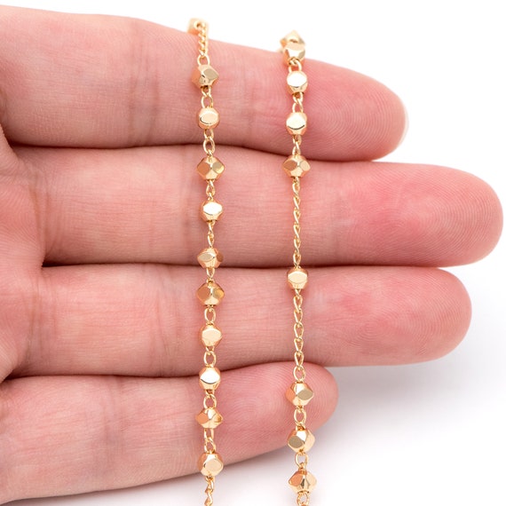 Gold Plated Brass Beaded Chains, 1.5mm Chain With 3mm Faceted Beads,  Jewelry Craft Chain Wholesale LK-193/ 1 Meter3.3 Ft 