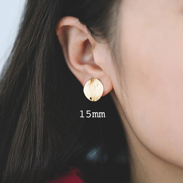 10pcs Brushed Gold Disc Ear Posts 12/ 15mm, 18K Gold Plated Brass, Geometric Round Disk Stud Earrings  (#GB-470)