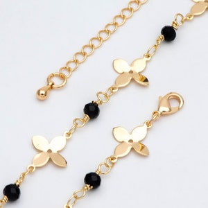 Pulsera/tobillera/collar con cadena de cuentas negras y diseño de flor de latón bañado en oro, listo para usar (#LK-172)