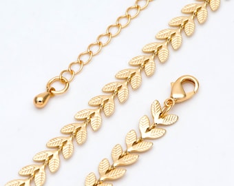 Gold plated Brass Chevron Leaf Chain 6.3mm, Finished Bracelet/ Necklace with Extender Chain, Ready to Wear (#LK-153-1)